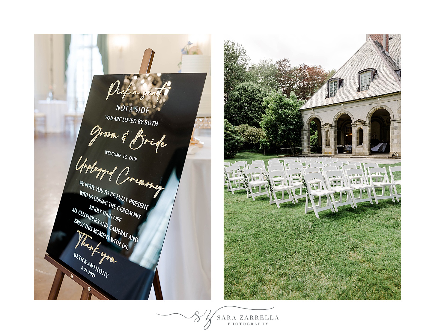 sign for unplugged ceremony on lawn at Glen Manor House