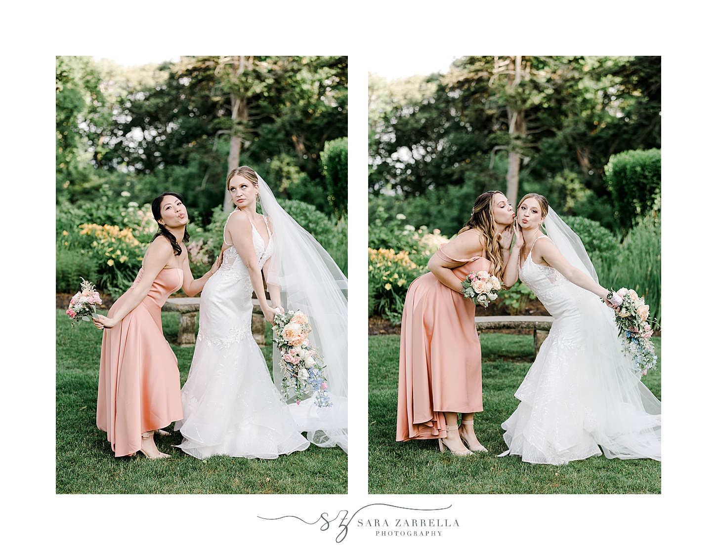 bridesmaids in pink gowns make funny poses with bride