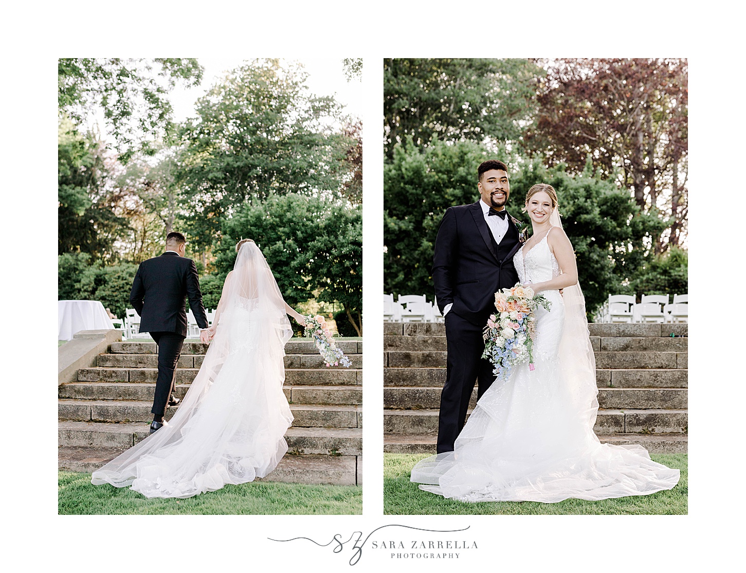 newlyweds stand on steps outside Glen Manor House