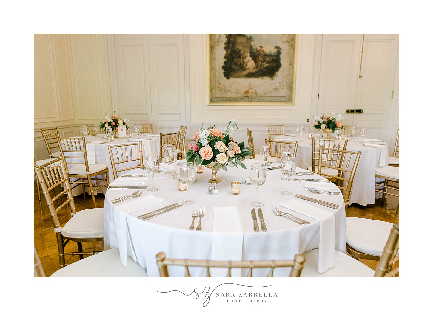 wedding reception at Glen Manor House with pastel flower centerpieces 
