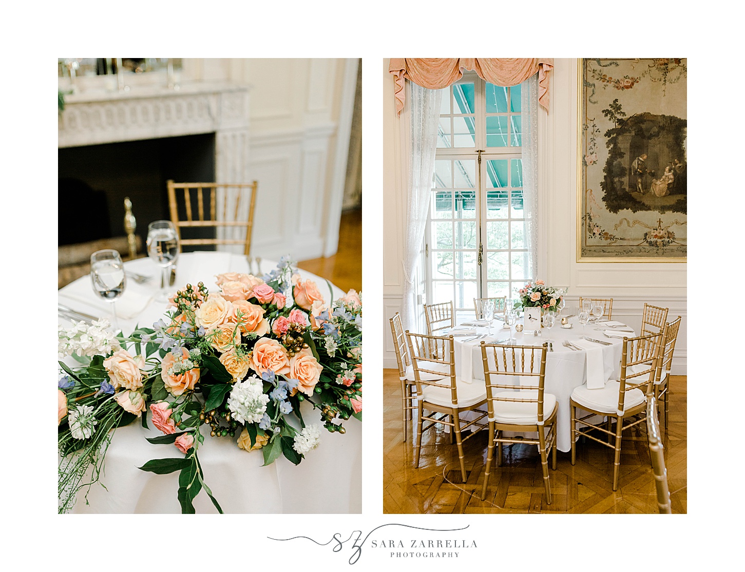 summer wedding reception at Glen Manor House with peach and blue flowers 
