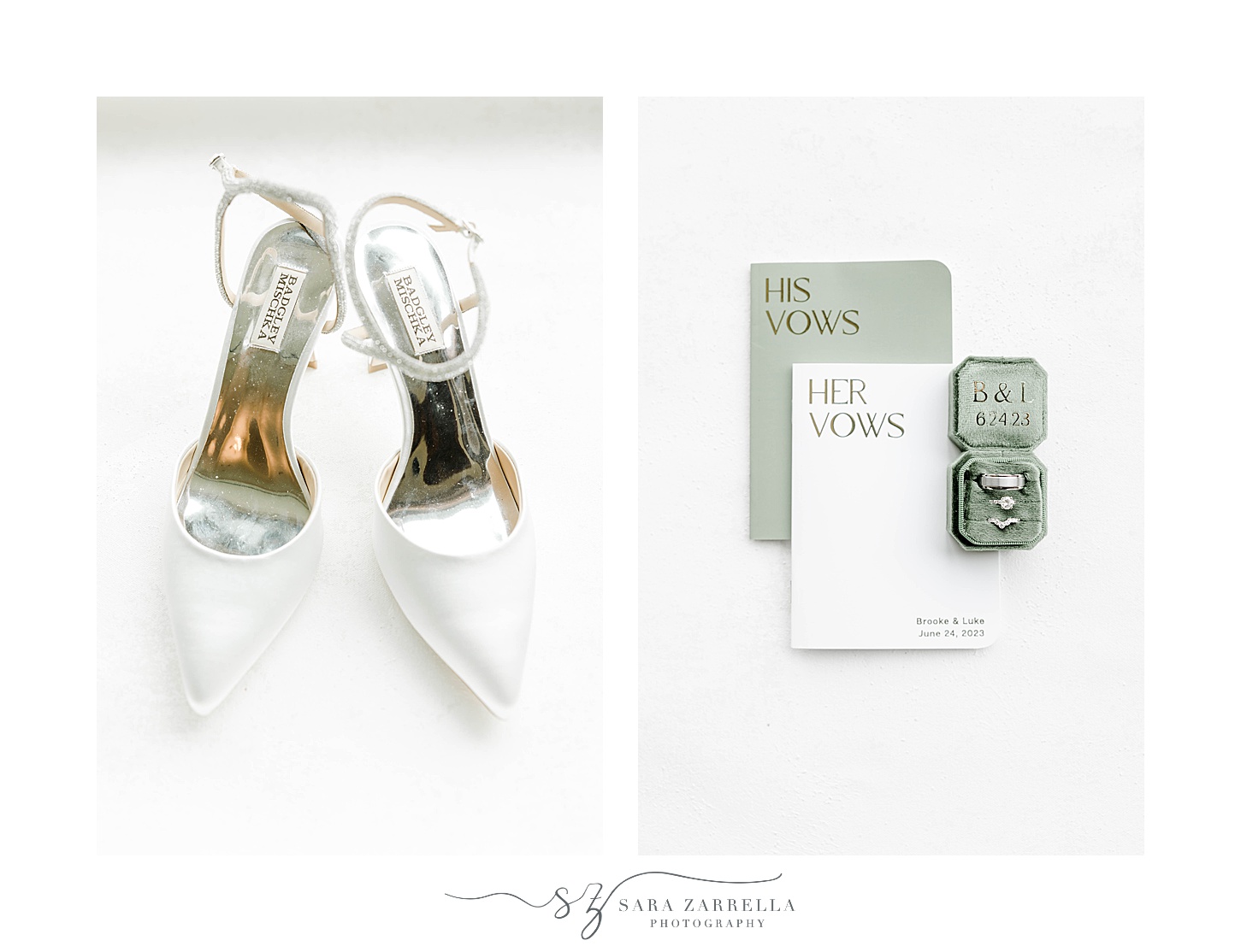 bride's white shoes and green stationery for Lake of Isles wedding