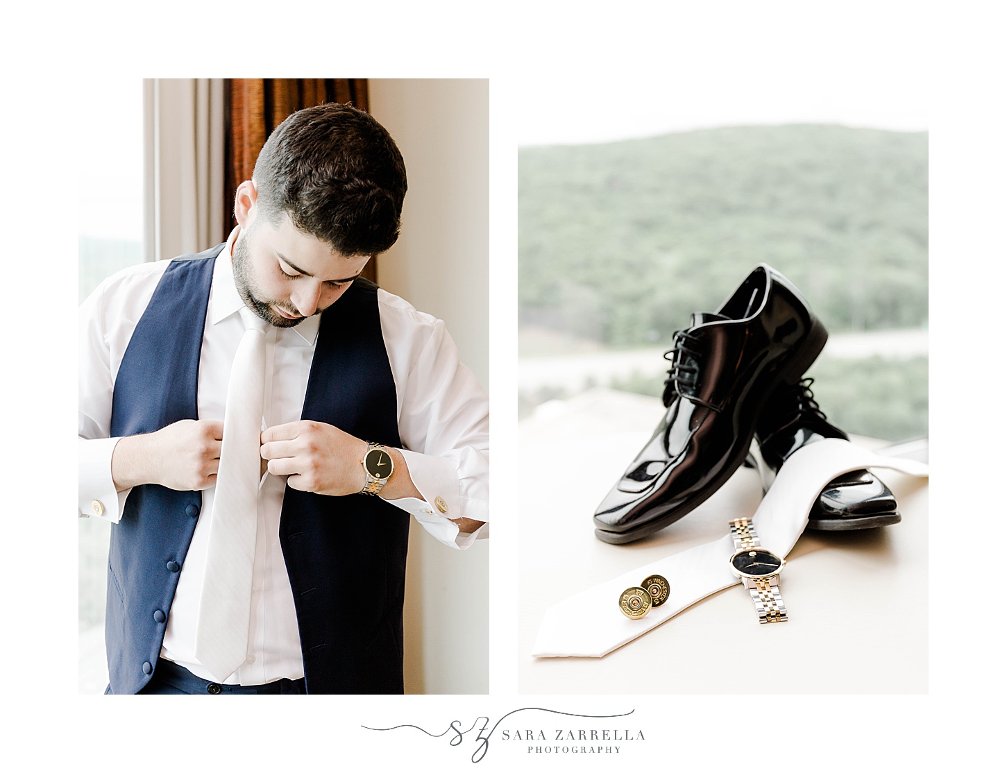 groom adjusts tie and jacket before Lake of Isles wedding