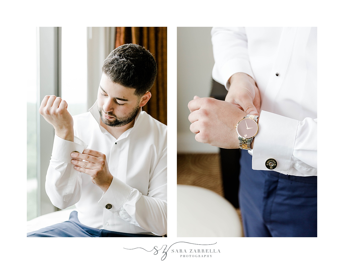 groom adjusts cufflinks and watch before CT wedding day