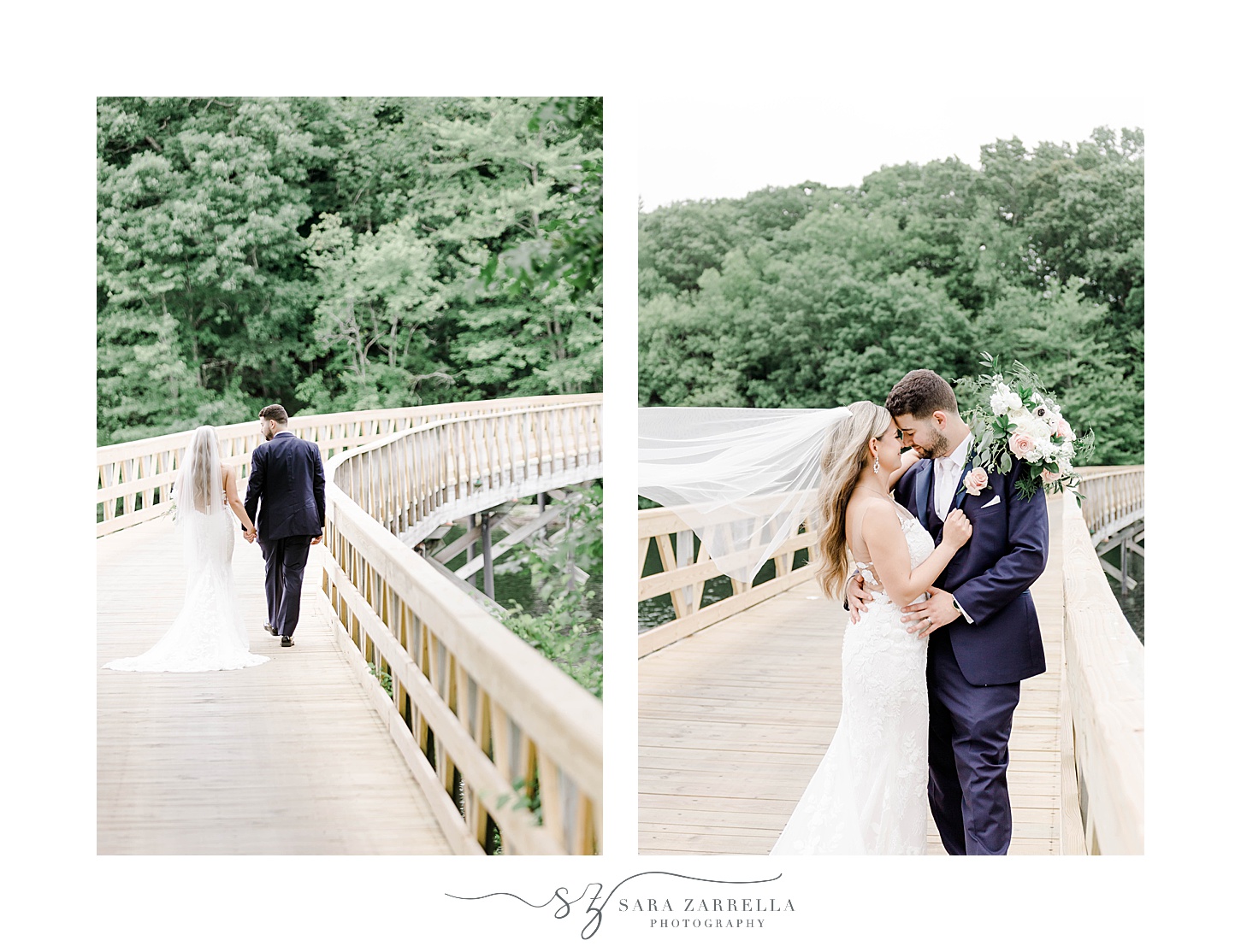 bride and groom stand on wooden pathway at Lake of Isles