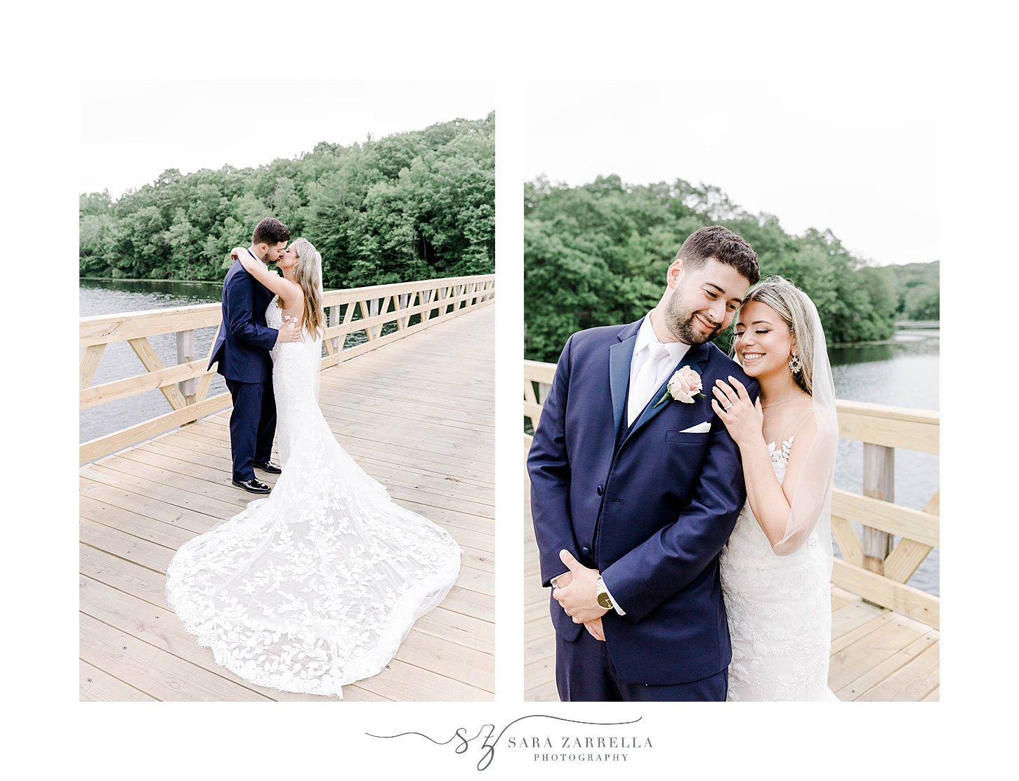 bride and groom hug on wooden dock outside the Lake of Isles