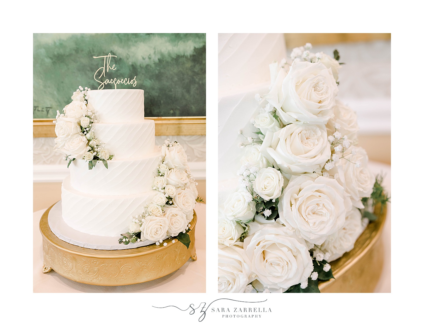 tiered wedding cake with ivory roses on gold stand