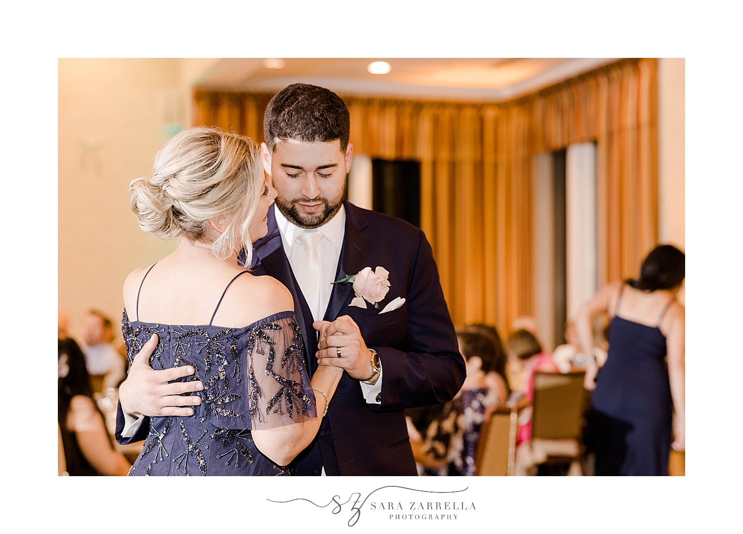groom dances with mother during Stonington CT wedding reception