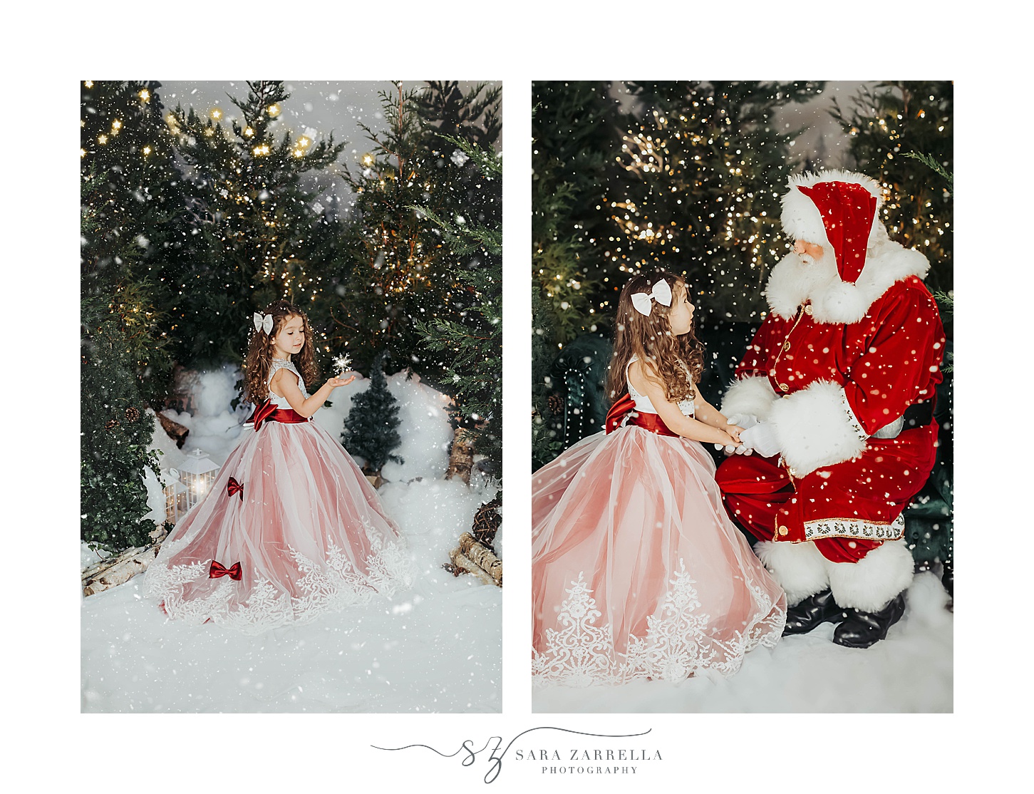 girl in pink dress looks at Santa during Christmas mini sessions in Rhode Island