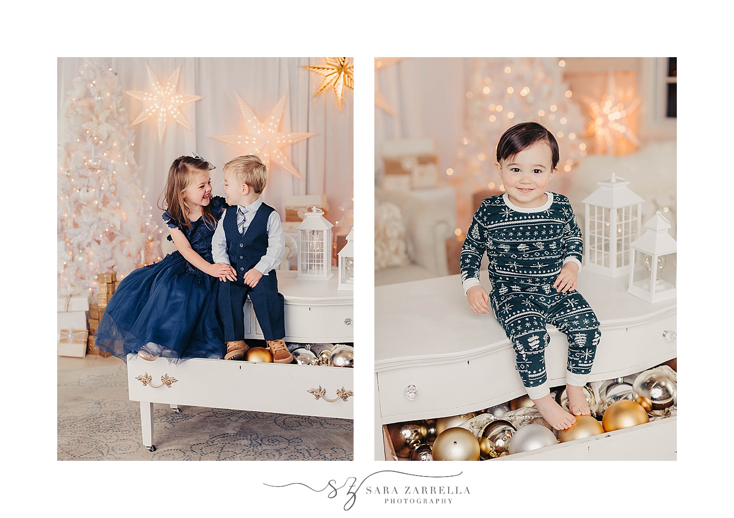 siblings sit on white table in blue outfits during Christmas mini sessions in Rhode Island