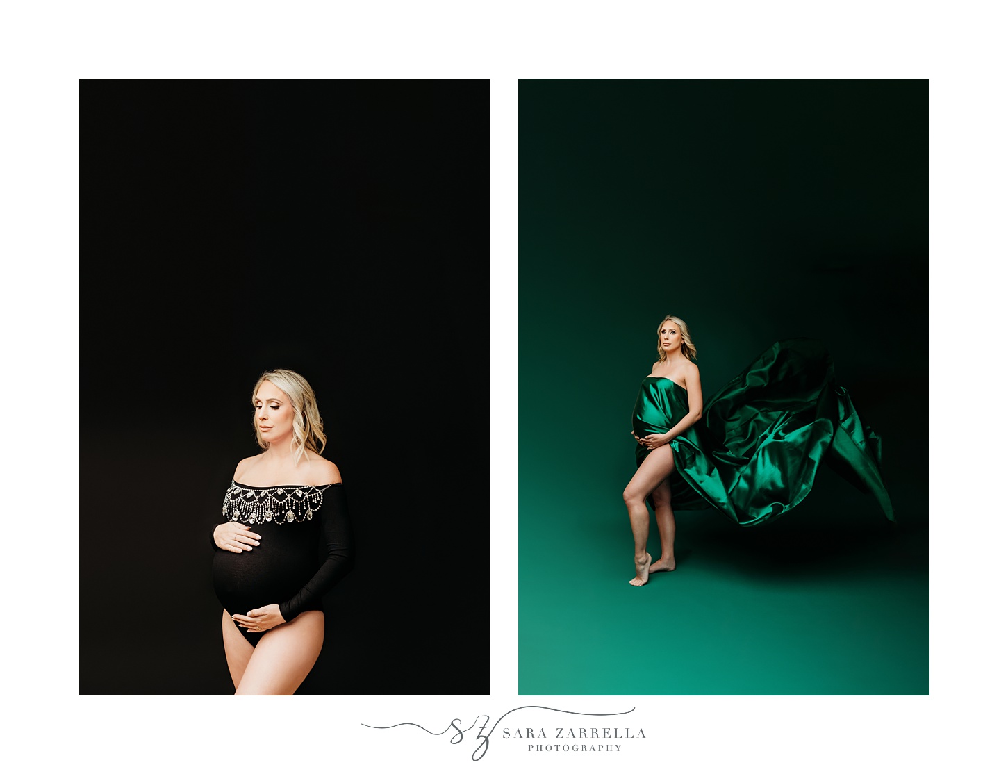 couture maternity portraits in black body suit and green dress 