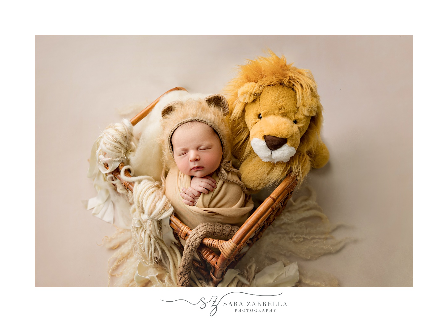 baby sleeps in wooden box with lion stuffed animal 