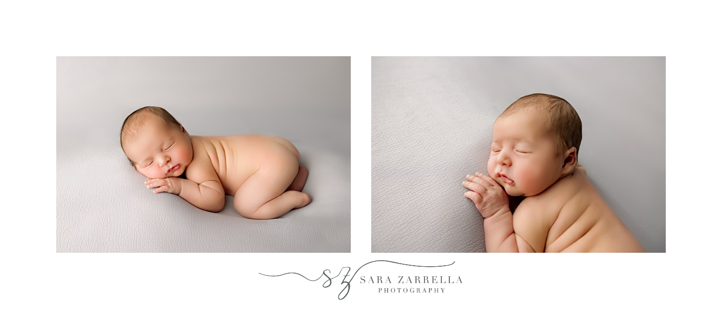 baby boy lays sleeping during newborn session with Rhode Island newborn and family photographer Sara Zarrella Photography