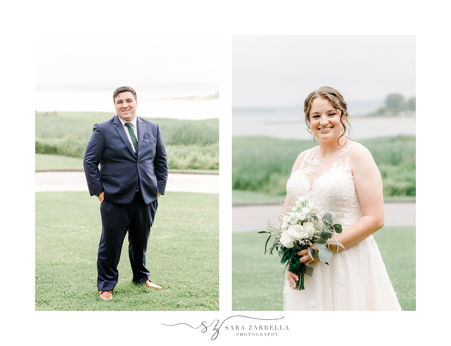 bride and groom stand on hill outside Harbor Lights near Narragansett Bay