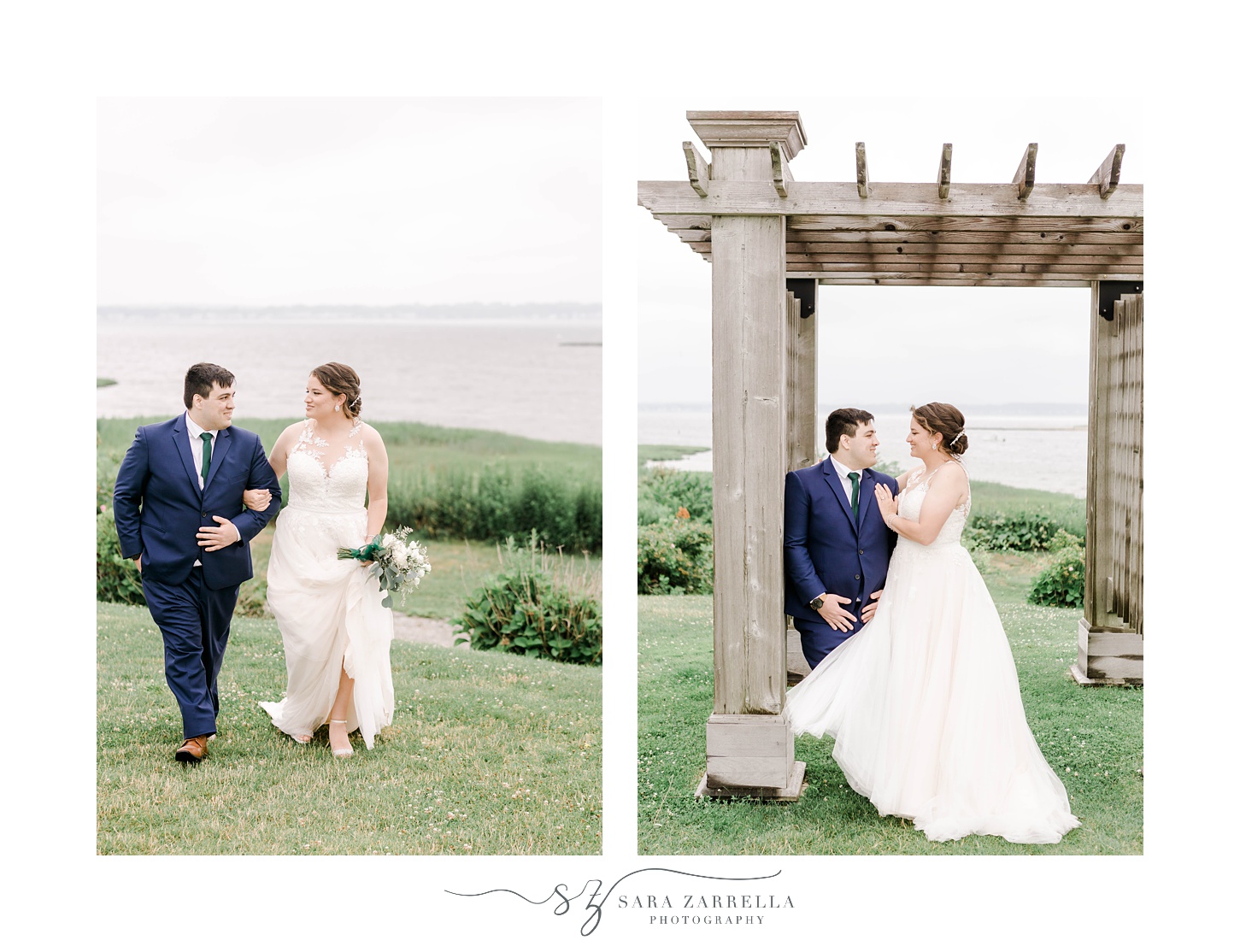 bride and groom walk on hill in front of Narragansett Bay