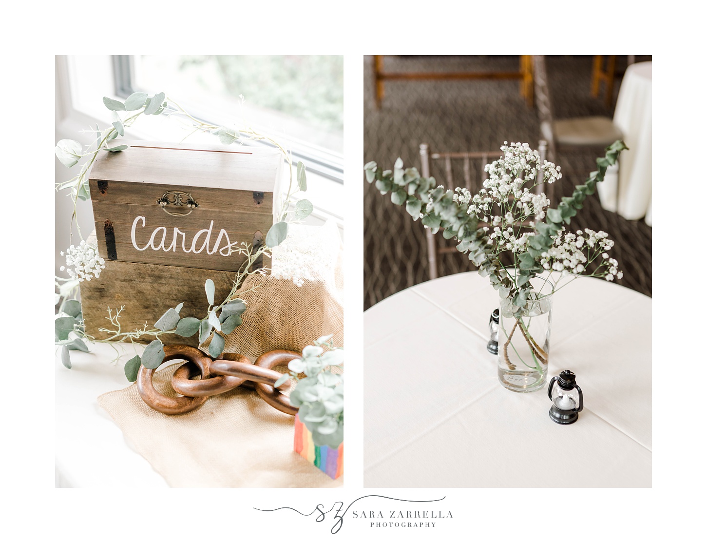 summer wedding reception at Harbor Lights with baby's breath centerpieces 