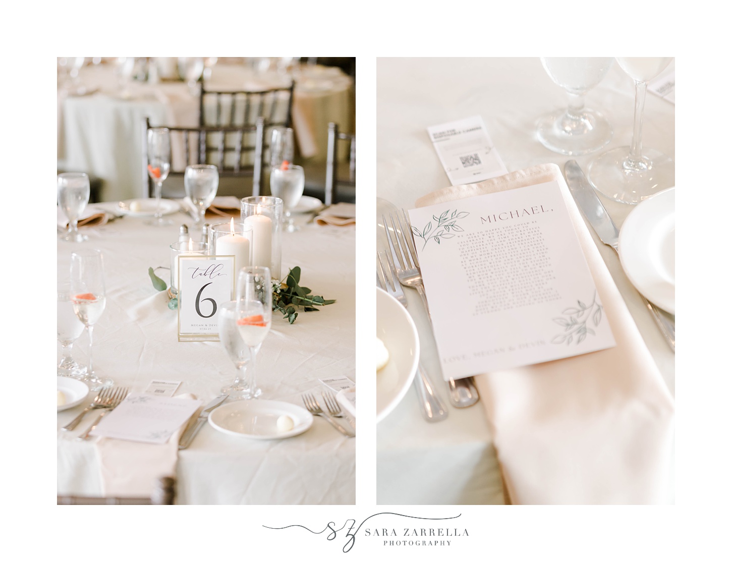 place setting with menu card and ivory napkin at Harbor Lights