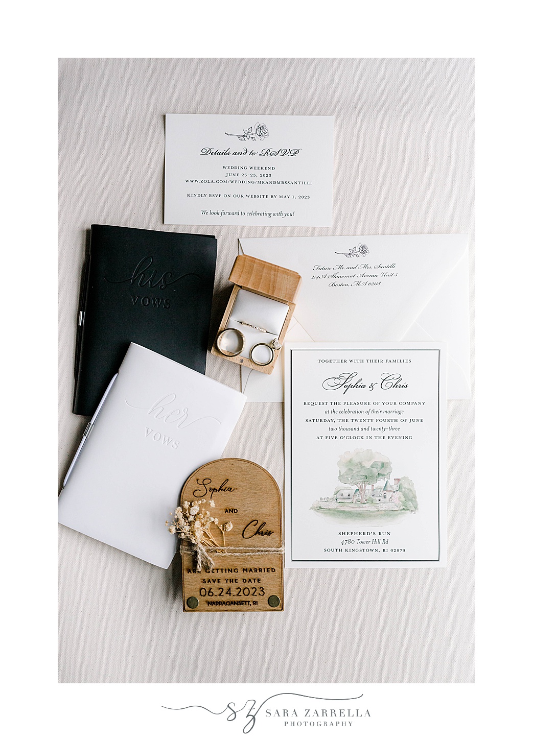 bride's jewelry, custom invitation suite, and vows booklets for summer wedding at Shepard's Run