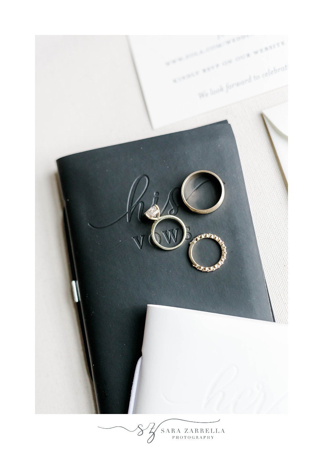 groom's vow booklet with wedding rings resting on top