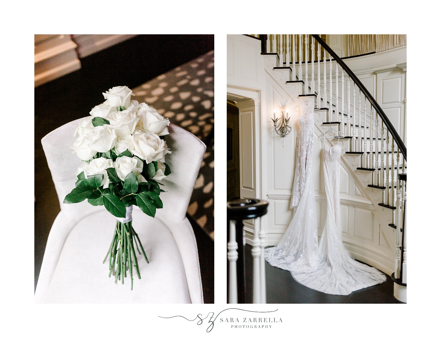 bouquet of ivory roses on white seat in hallway at Shepard's Run