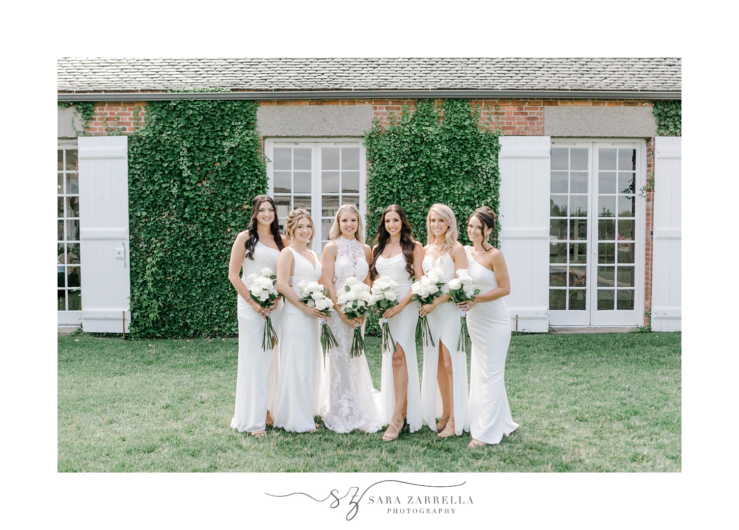 bride stands with bridesmaids in white gowns at Shepard's Run