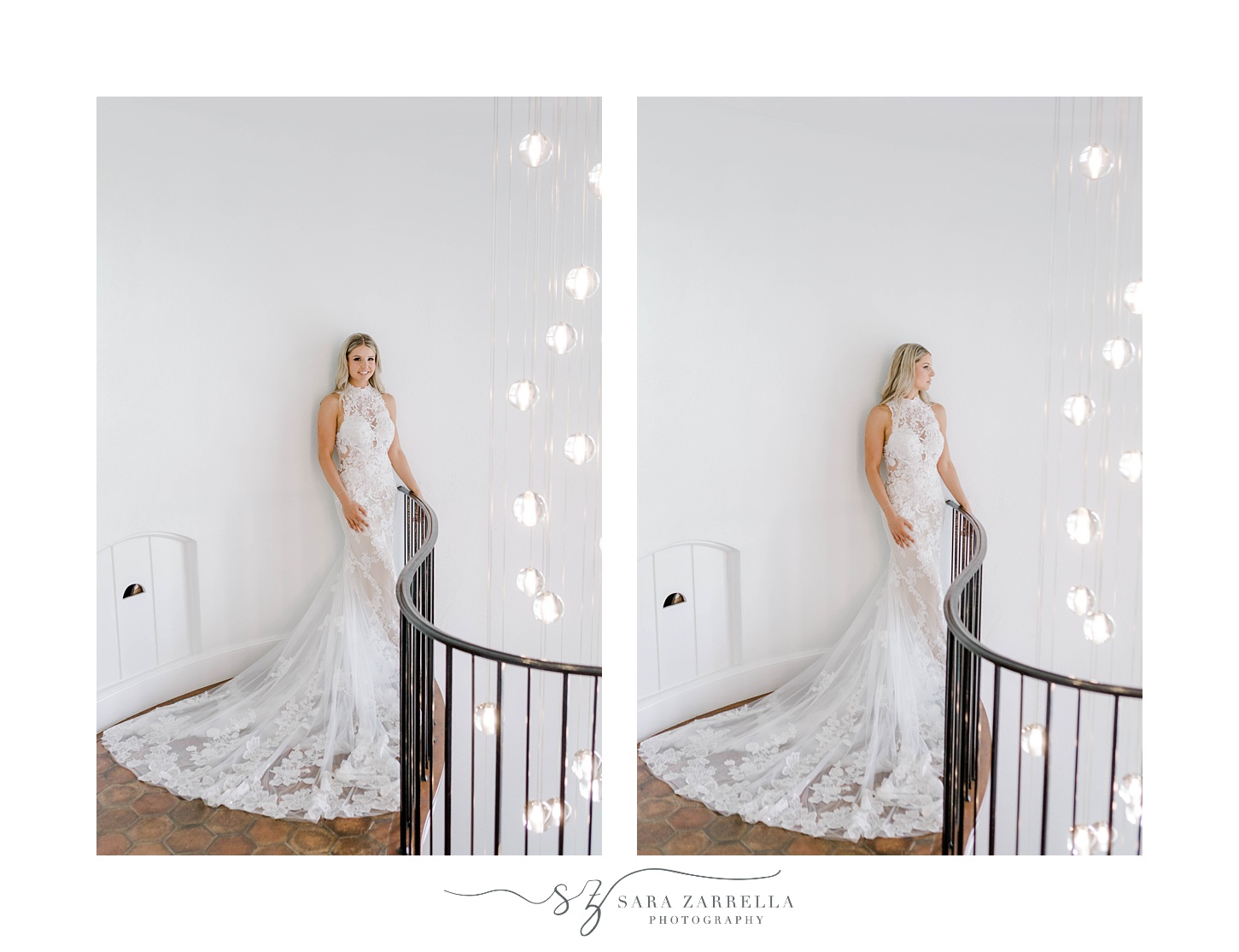 bride poses on top of staircase with hanging lights inside Shepard's Run