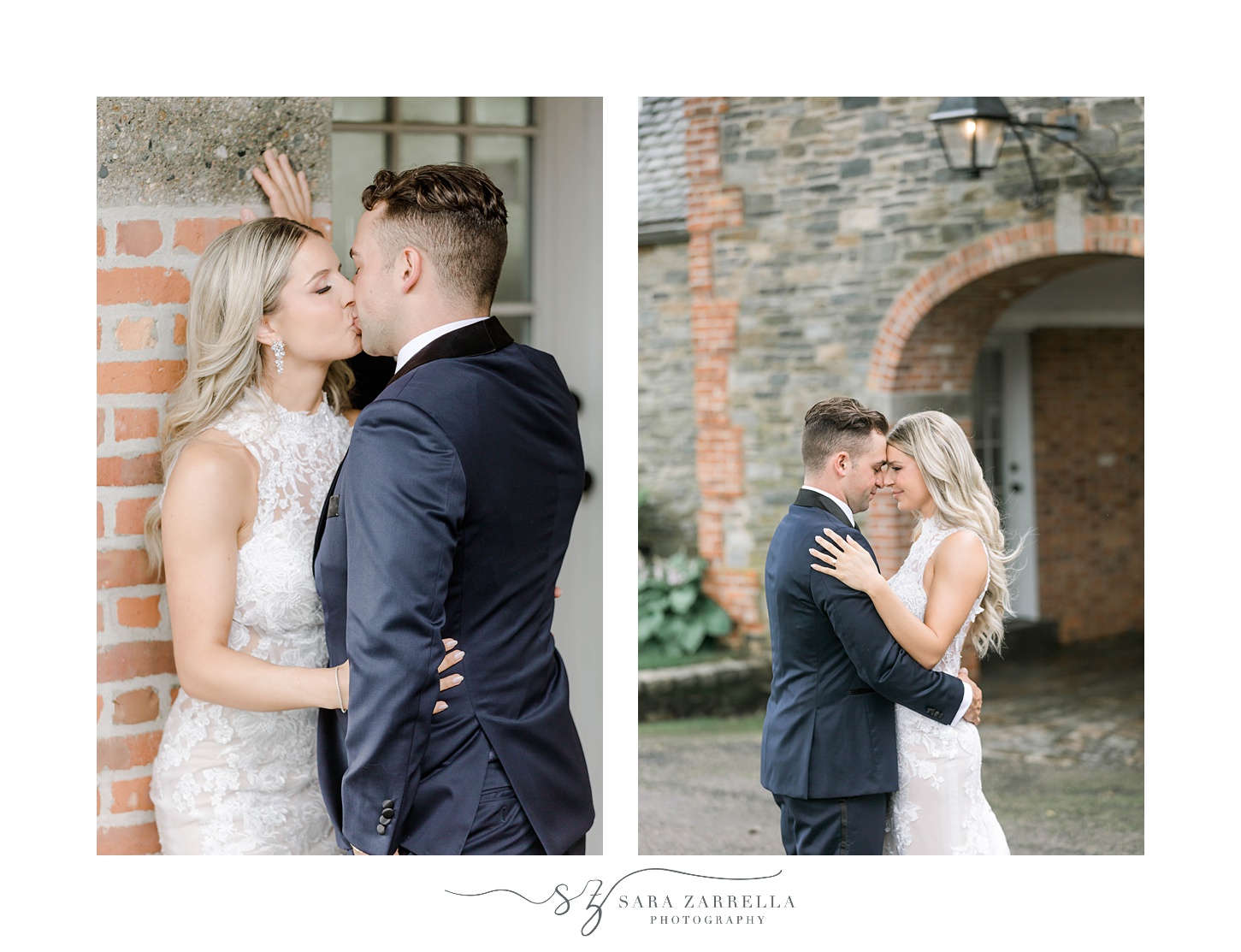 bride and groom lean into stone wall kissing during RI wedding day