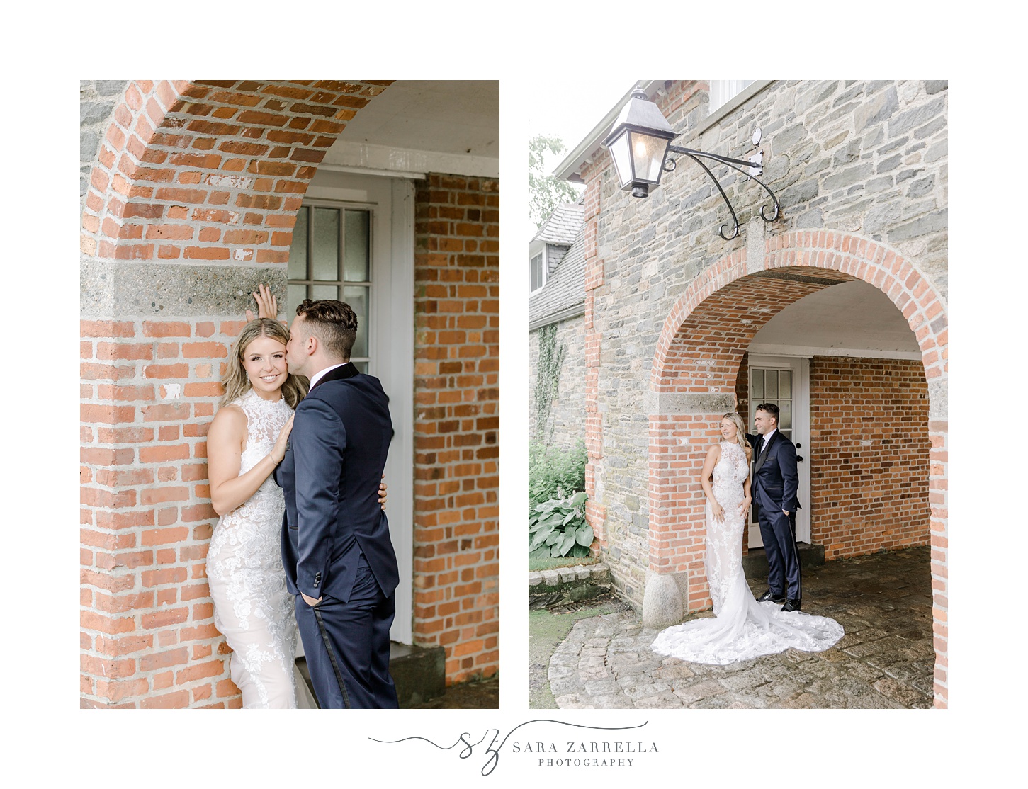 groom leans bride into brick wall kissing her ear in Rhode Island 