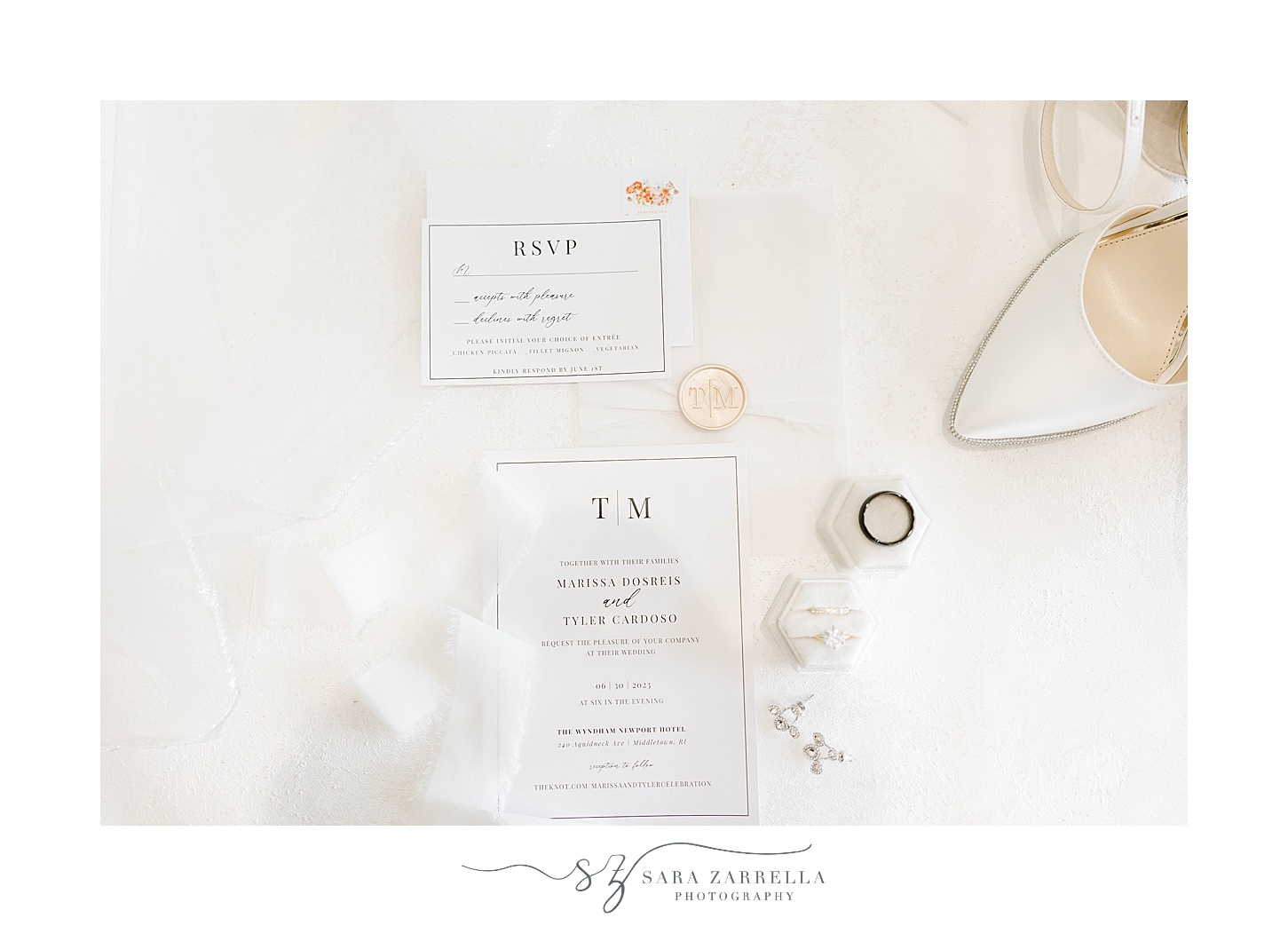 bride's ivory invitation suite and shoes for summer wedding in Rhode Island