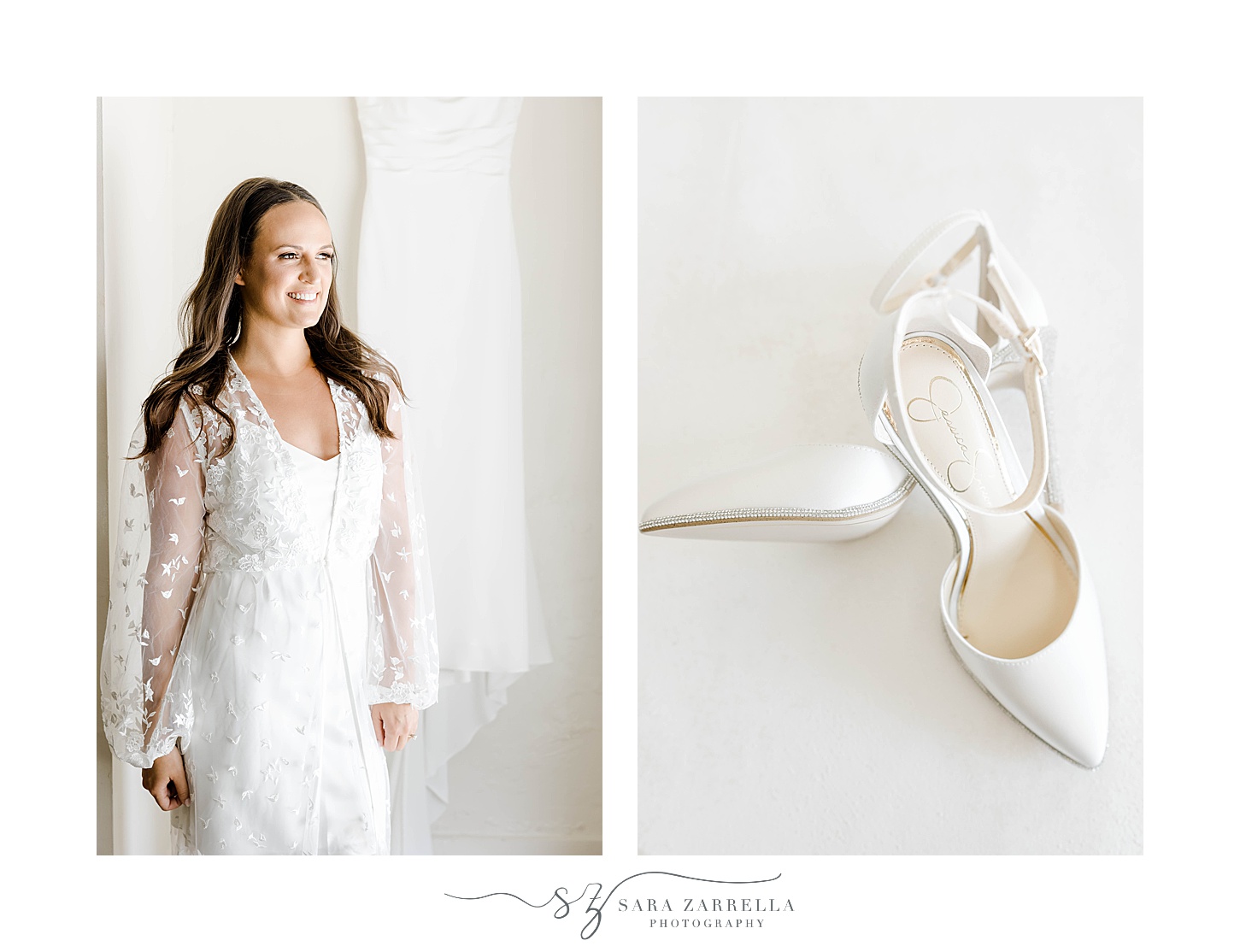 bride stands in white robe next to shoes in Rhode Island