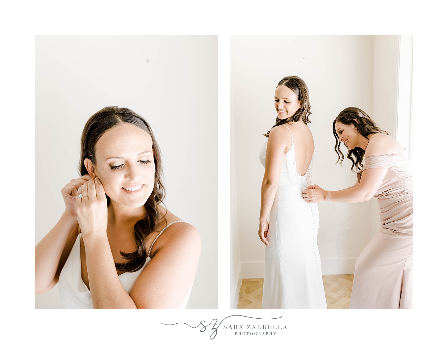 brunette bride adjusts earrings with bridesmaid behind her at the Wyndham Newport Hotel