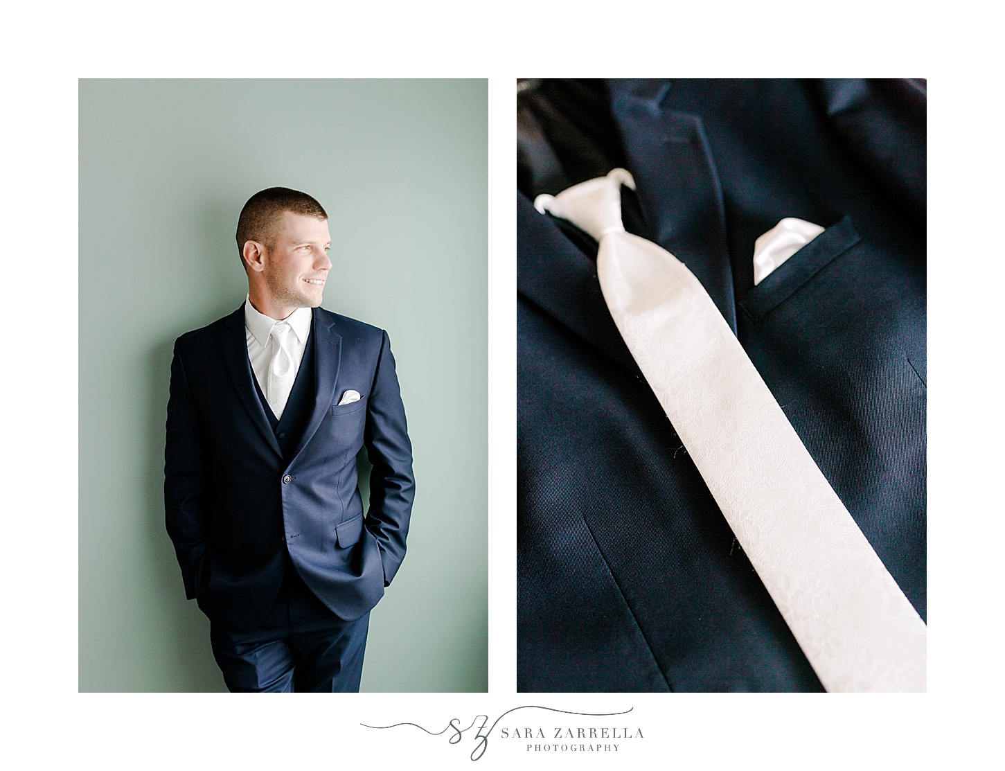 groom poses in navy suit with light pink tie