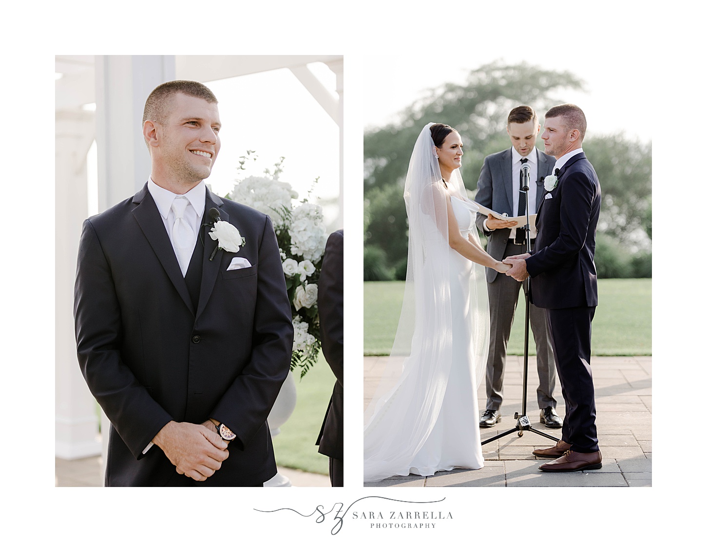 groom tears up watching bride during ceremony on lawn at the Wyndham Newport Hotel
