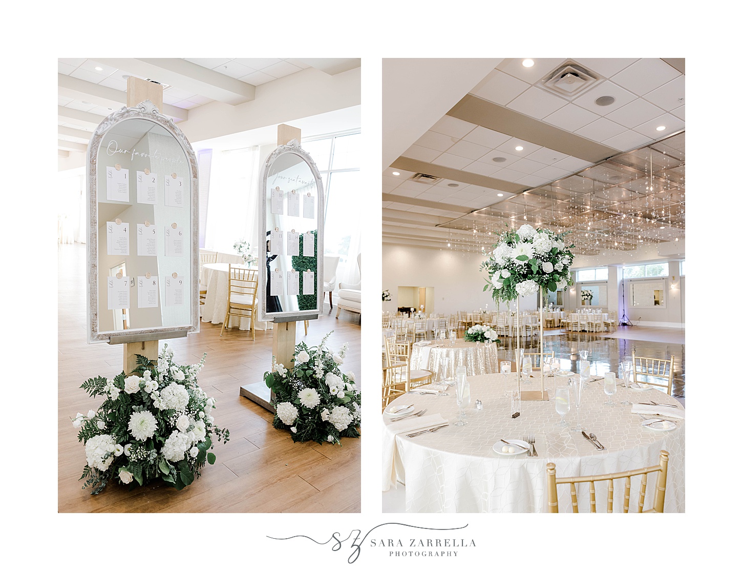 wedding reception at the Wyndham Newport Hotel with white and gold details 