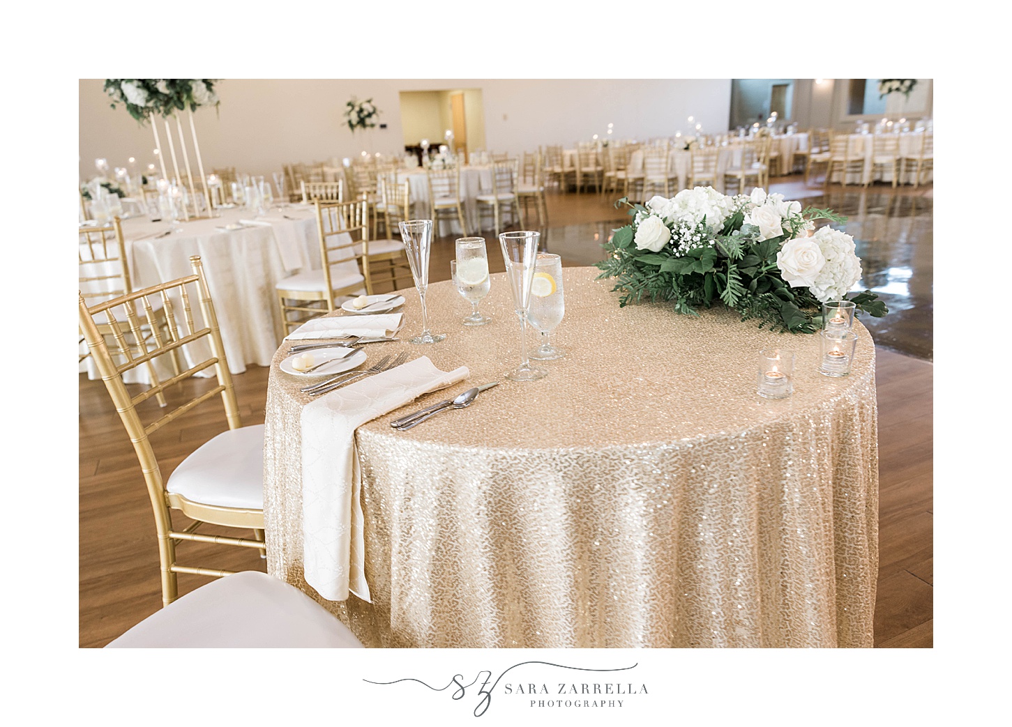 sweetheart table with rose gold sparkly table cloth at the Wyndham Newport Hotel