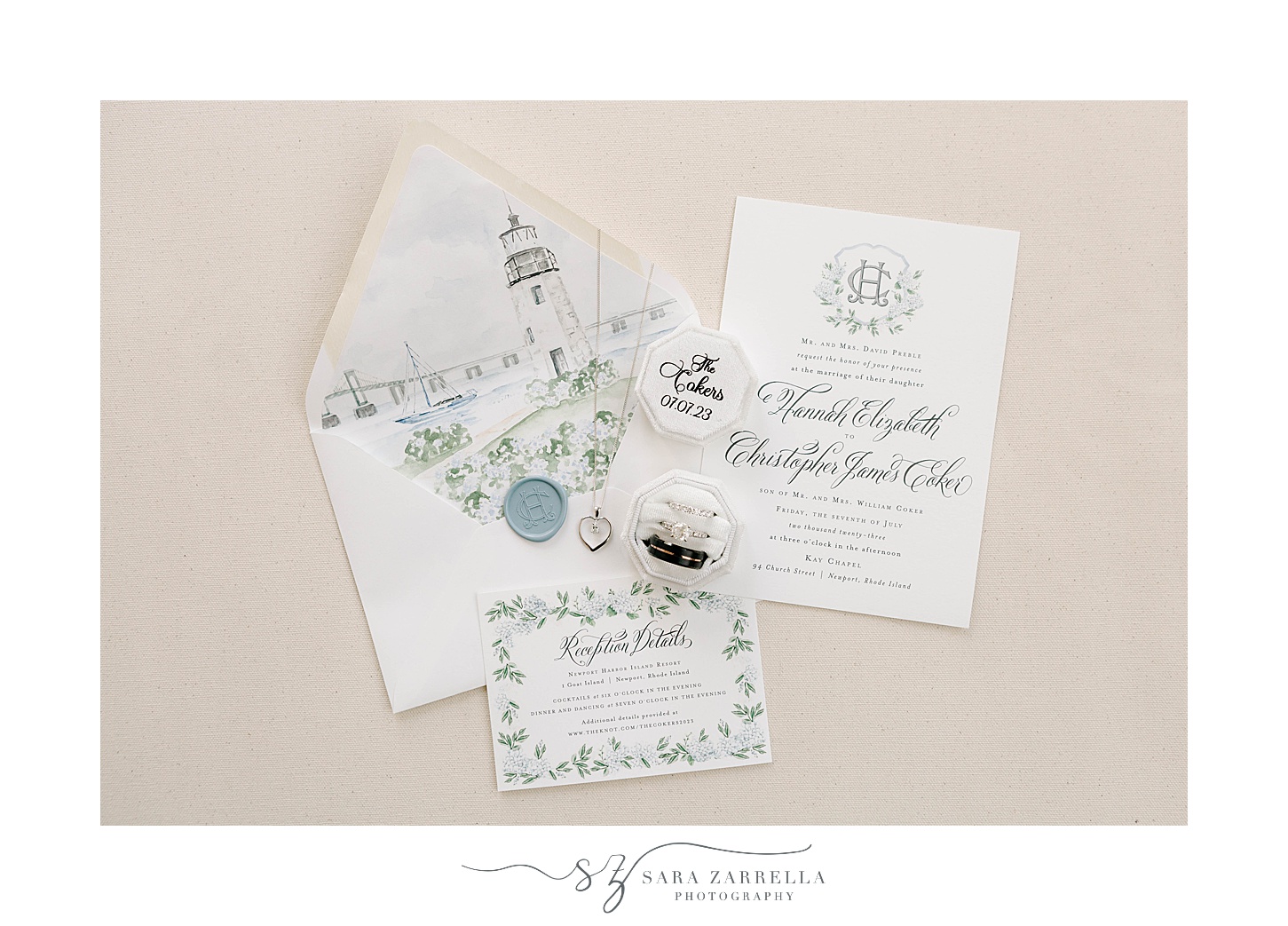 classic invitation suite with coastal liner featuring lighthouse 