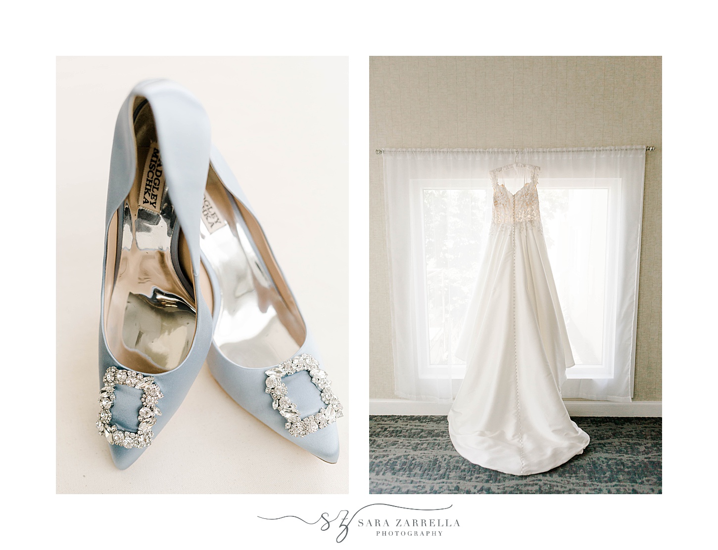 wedding dress hangs in window with blue shoes for coastal Newport Harbor Island Resort wedding
