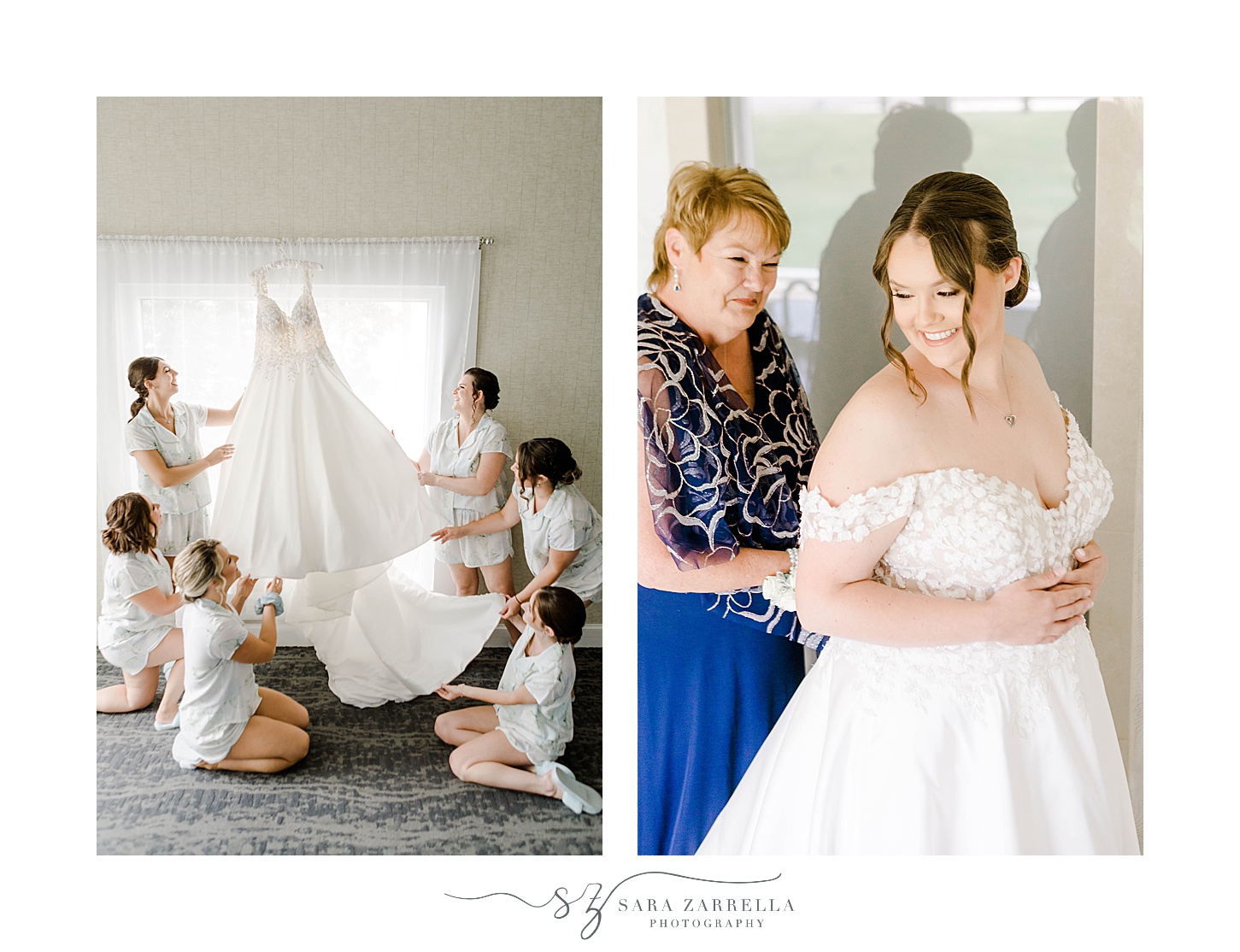 mother in blue dress helps bride into wedding gown
