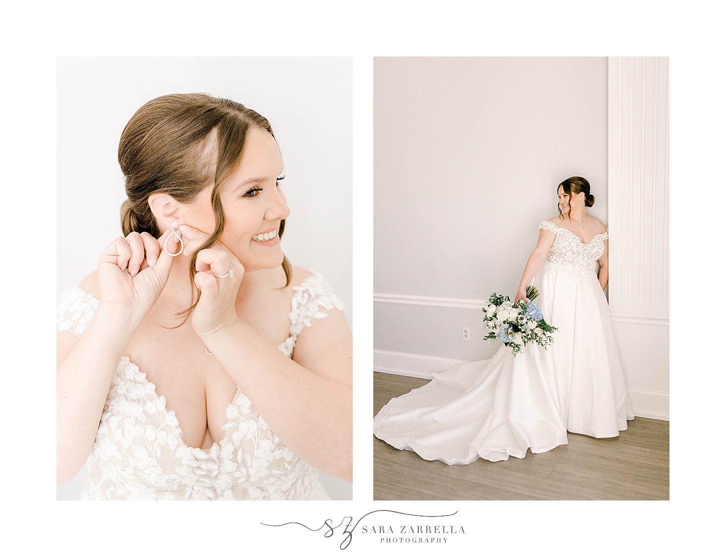 bride poses in front of white wall at Newport Harbor Island Resort