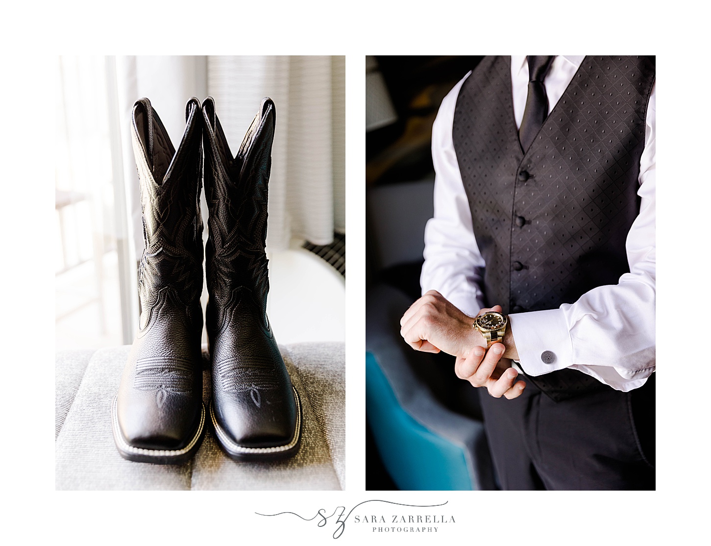 groom adjusts cufflinks and black boots for Rhode Island wedding 