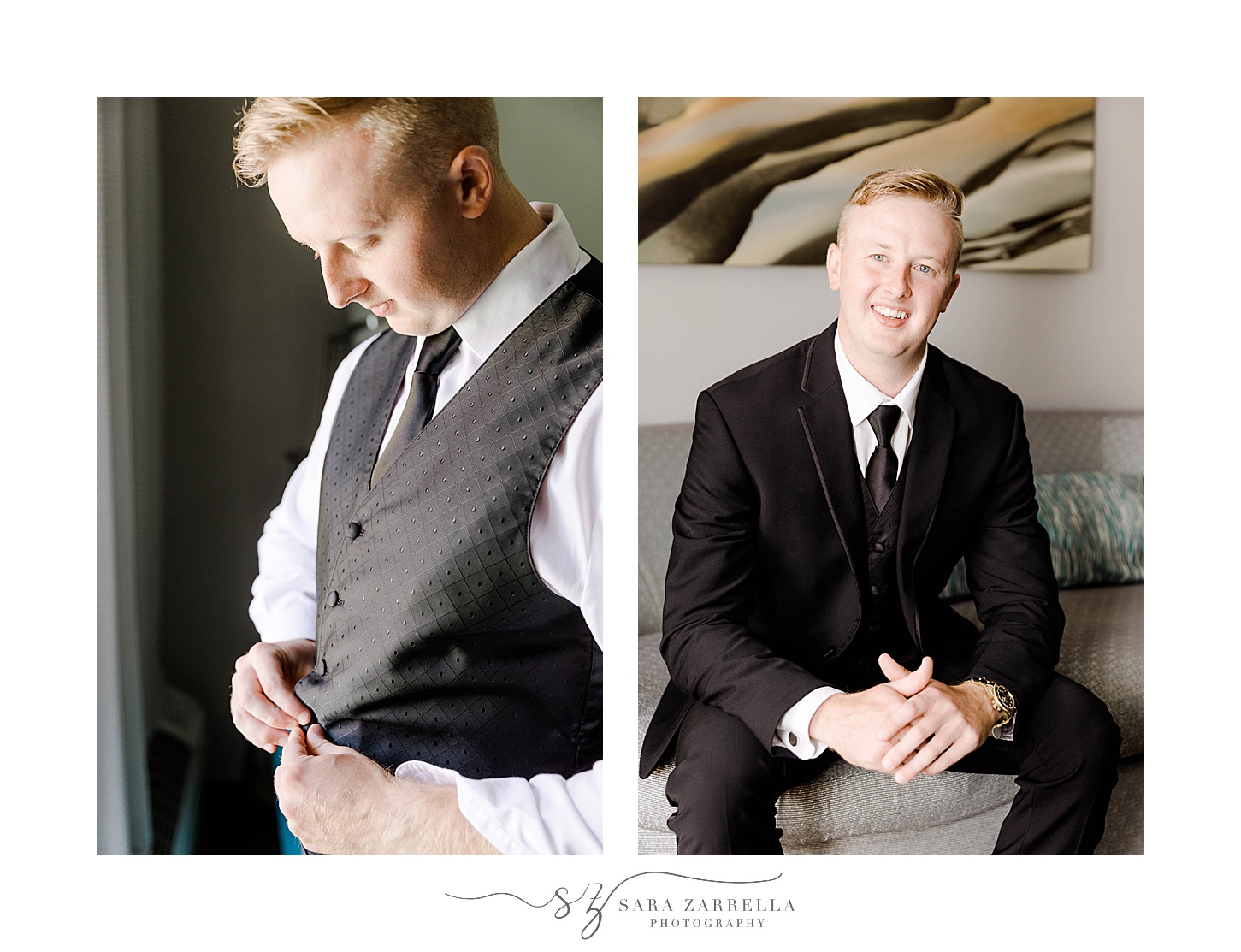 groom adjusts buttons on black vest before RI wedding 
