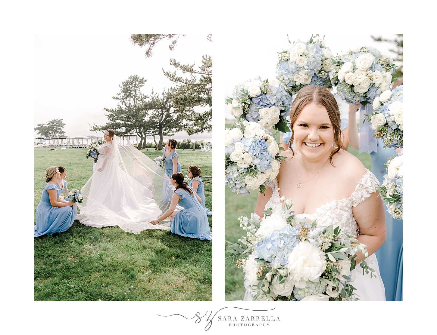 bride and bridesmaids pose with white and blue flowers at Newport Harbor Island Resort