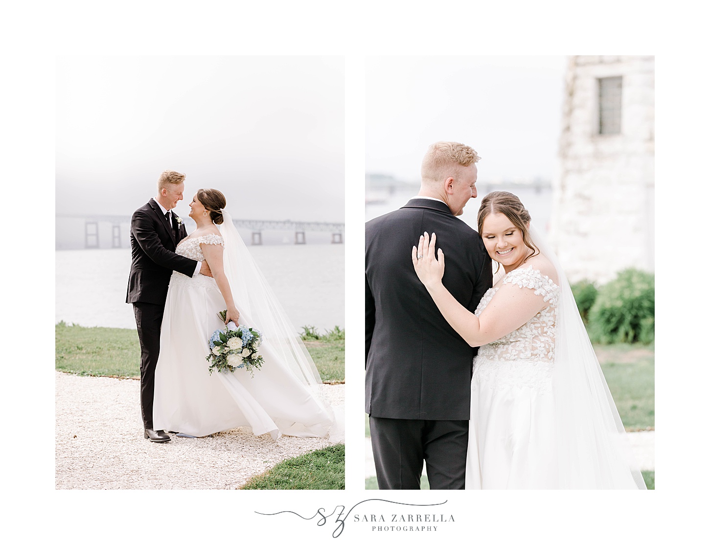 bride and groom hug in front of Newport Lighthouse at Newport Harbor Island Resort