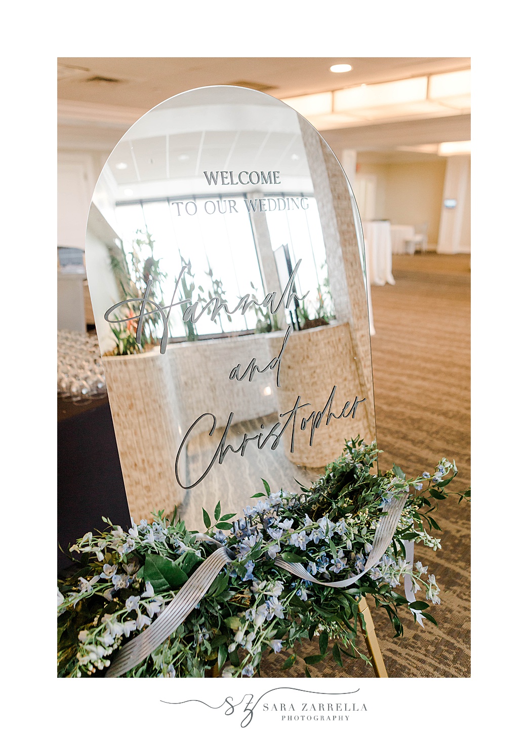 welcome sign on mirror for summer reception at Newport Harbor Island Resort