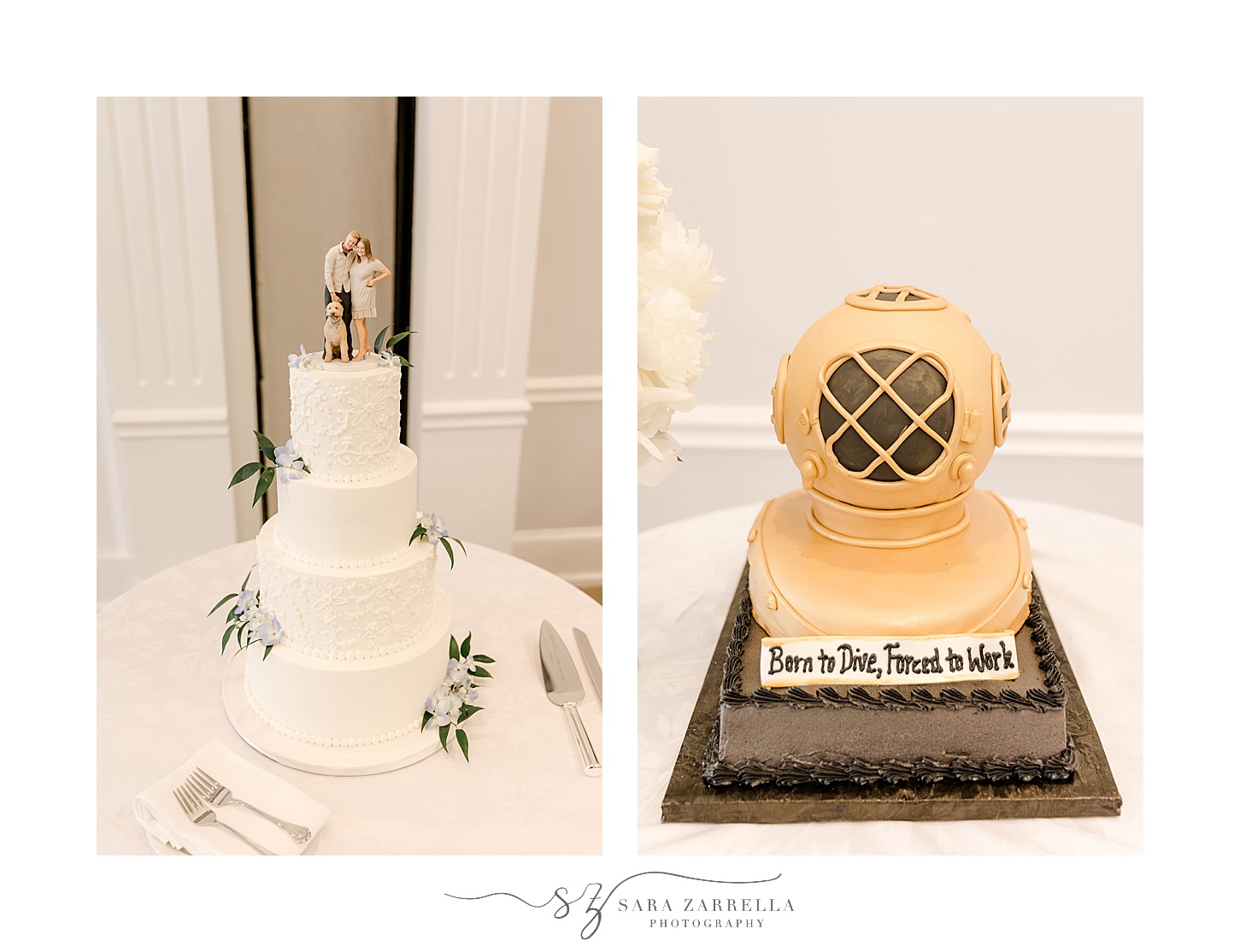 tiered wedding cake and groom's cake of submarine helmet 