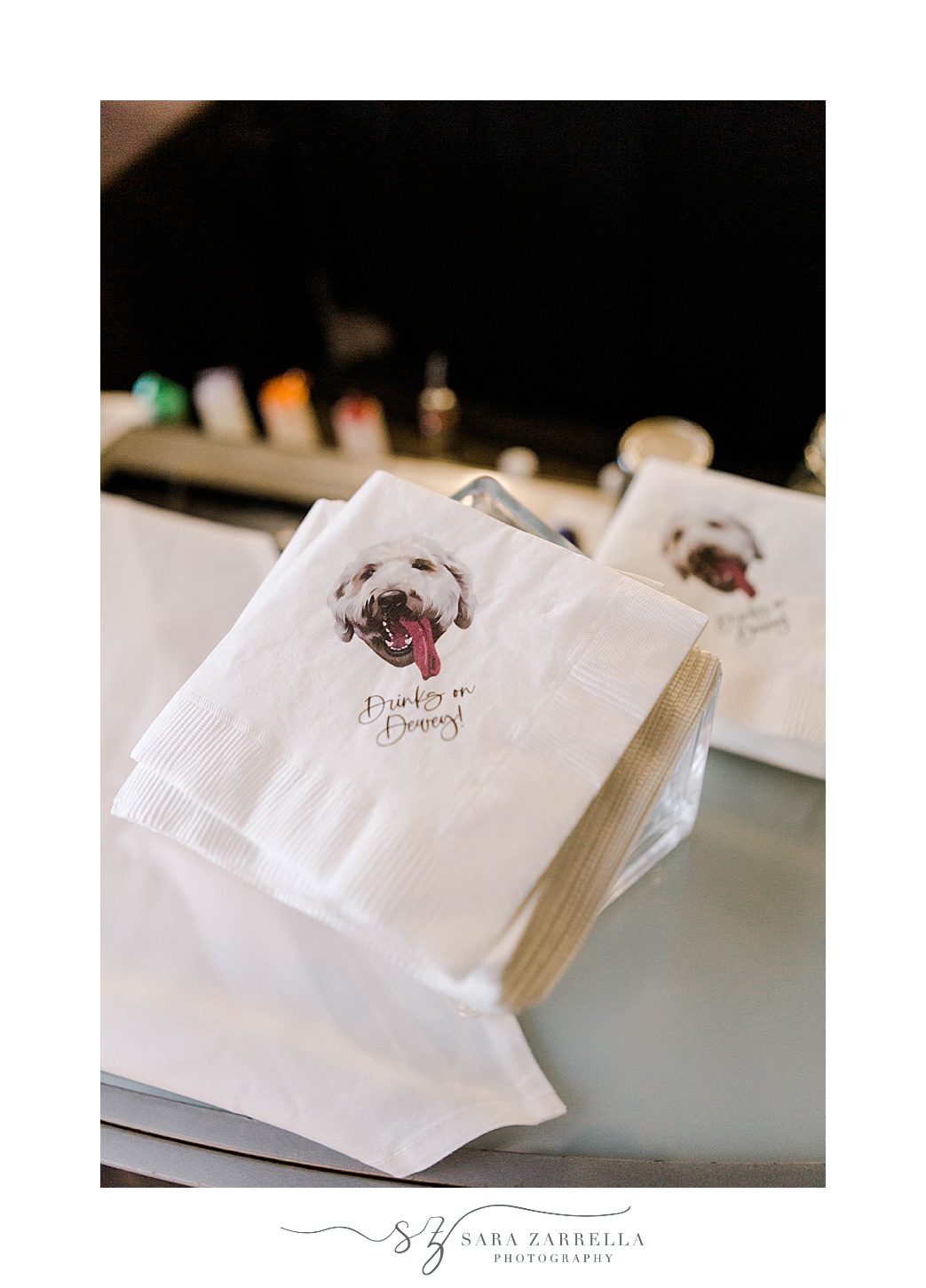 custom napkins with dog's face for coastal wedding reception at Newport Harbor Island Resort