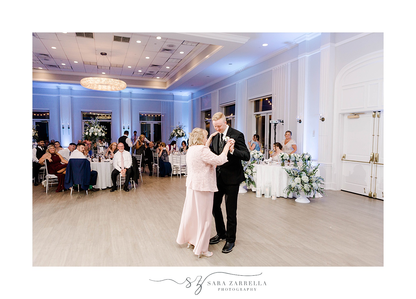 groom and mother dance during Newport RI wedding reception