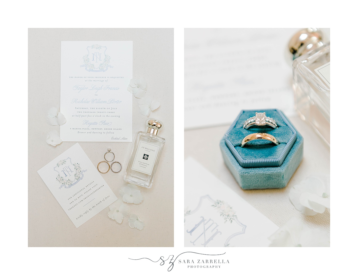 invitation suite and ring in teal ring box before Rhode Island wedding