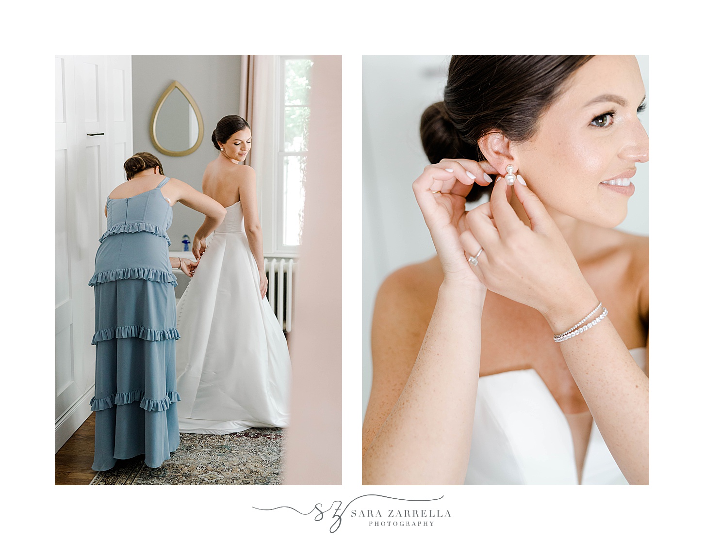 bridesmaid in blue dress helps bride into gown while she adjust earrings