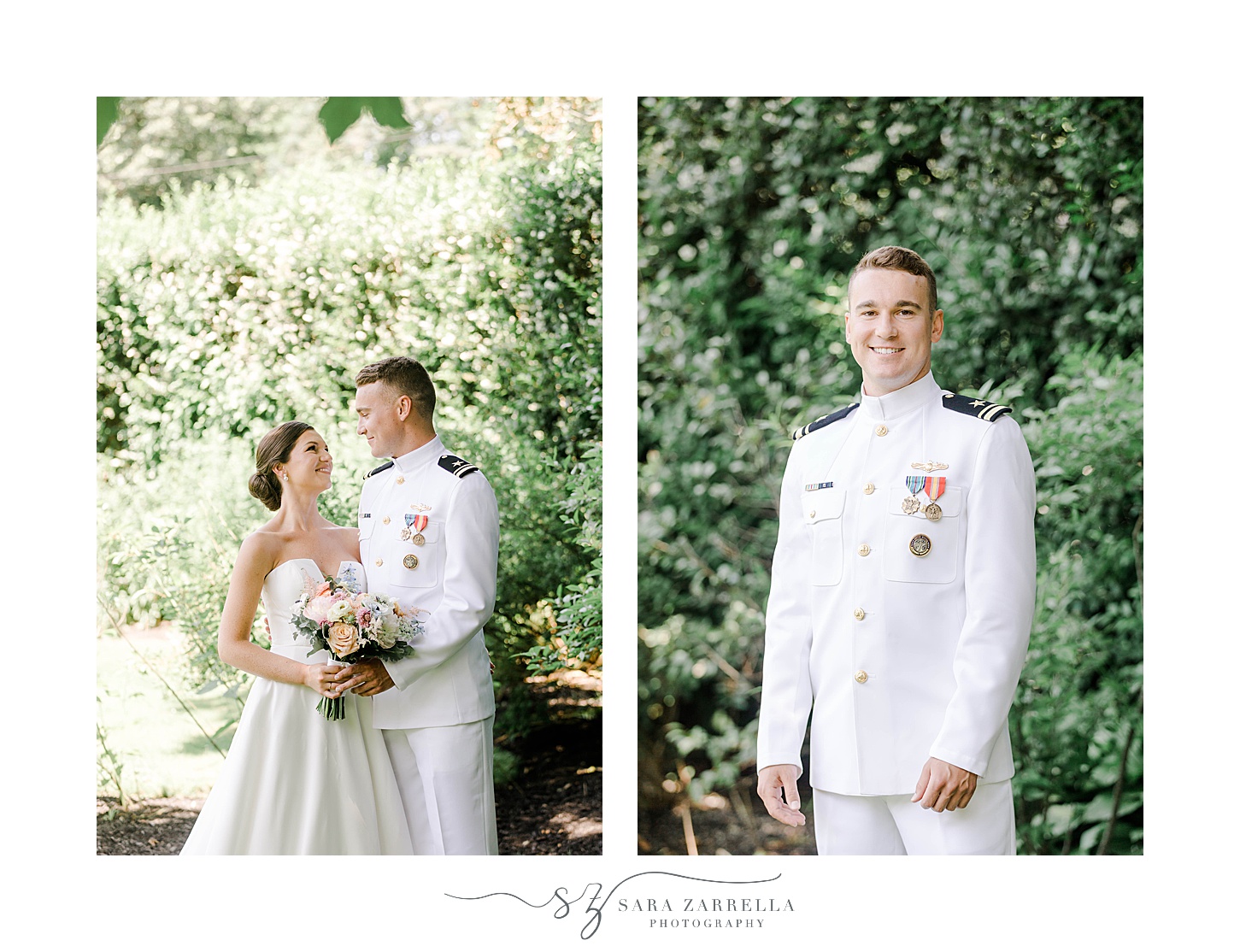 groom in naval officer's uniform hugs bride in trees at Ochre Place